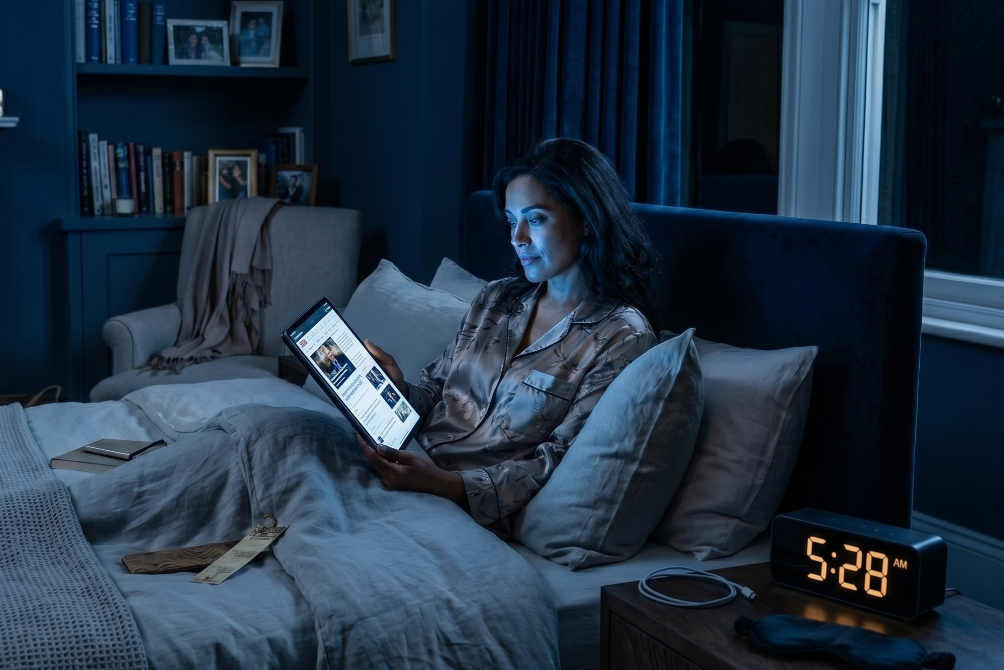Here it is: Alt text: Professional woman checking her tablet at 5am, blue light exposure affecting skin barrier health. Dame Jo! 24-Hour Lipid System formulated for the career woman's demanding day and night routine
