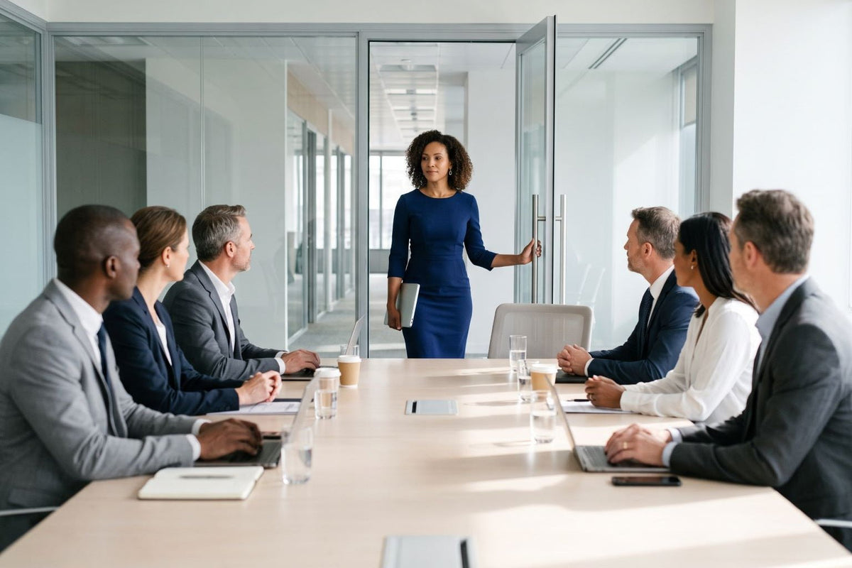 Dame Jo! career woman walking into a meeting room as her colleagues turn to look at her before she speaks.