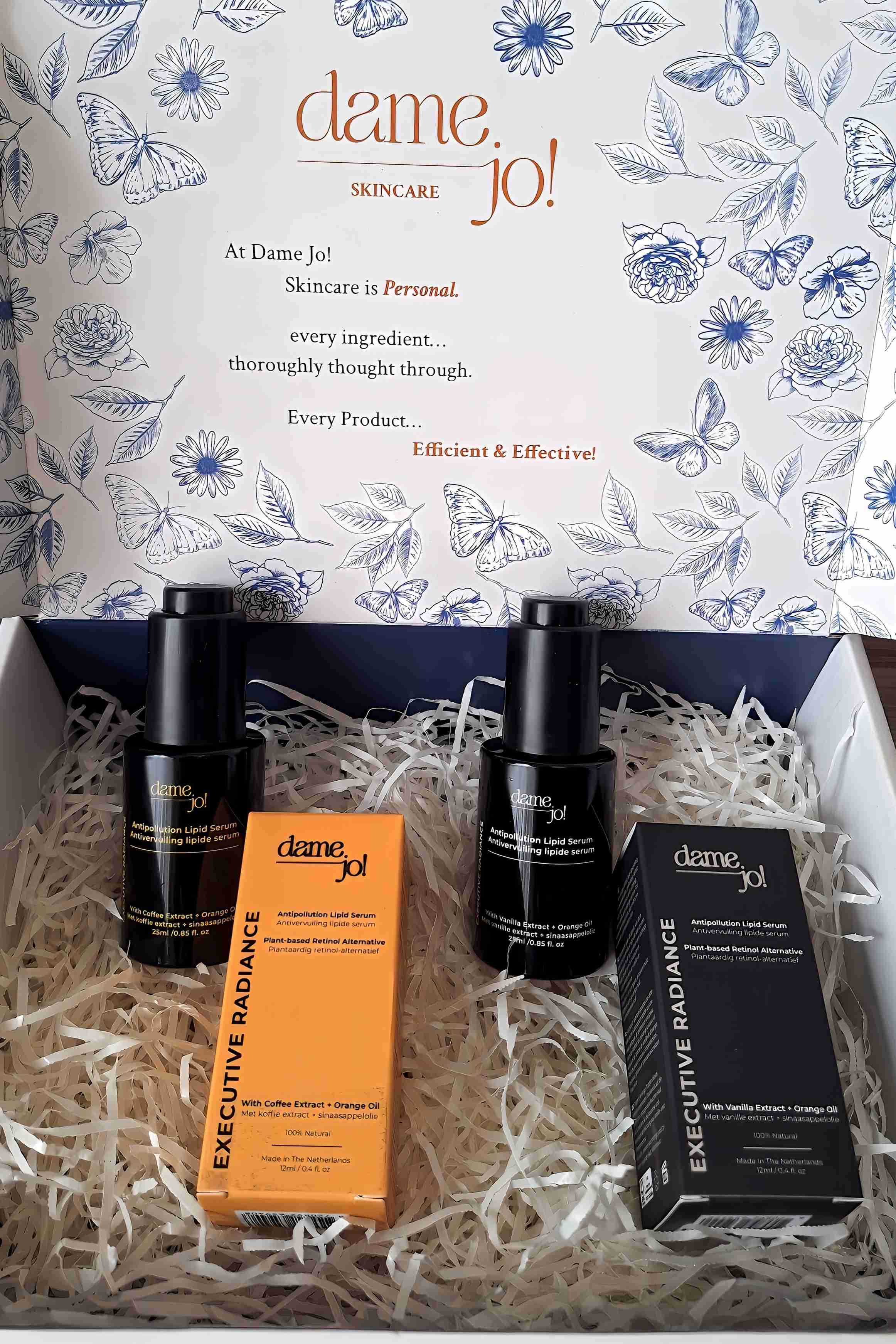Long rectangular Dame Jo! product box with elegant branding and minimalist design.