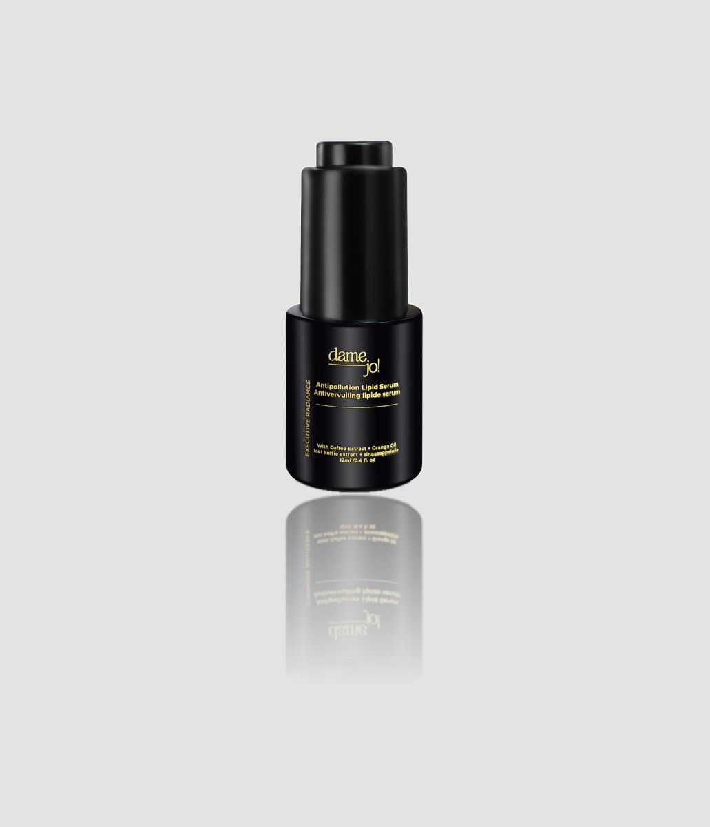 Dame Jo! Executive Radiance Coffee Antipollution Lipid Serum, 12ml Travel Size, grey background.
