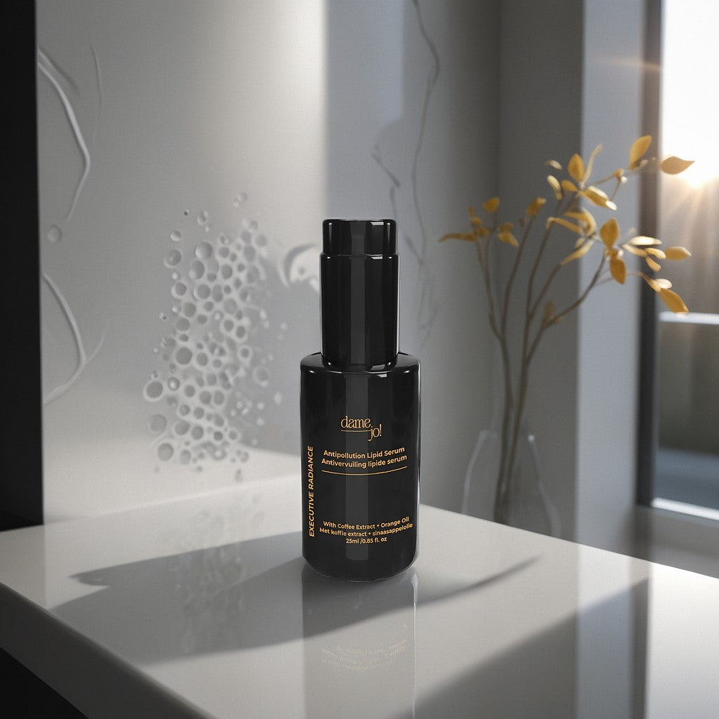 Dame Jo! Executive Radiance Antipollution Lipid Serum on glossy tabletop in sunlit modern interior; luxurious black skincare bottle with golden text highlighting coffee extract and orange oil formula for urban pollution defence and radiant skin.