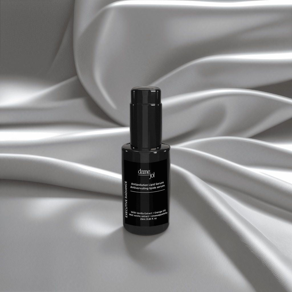 Dame Jo! Executive Radiance Antipollution Lipid Serum displayed on soft silver satin fabric; sleek black bottle showcasing vanilla, coffee extract and orange oil skincare blend designed for busy career women seeking antioxidant, antipollution protection