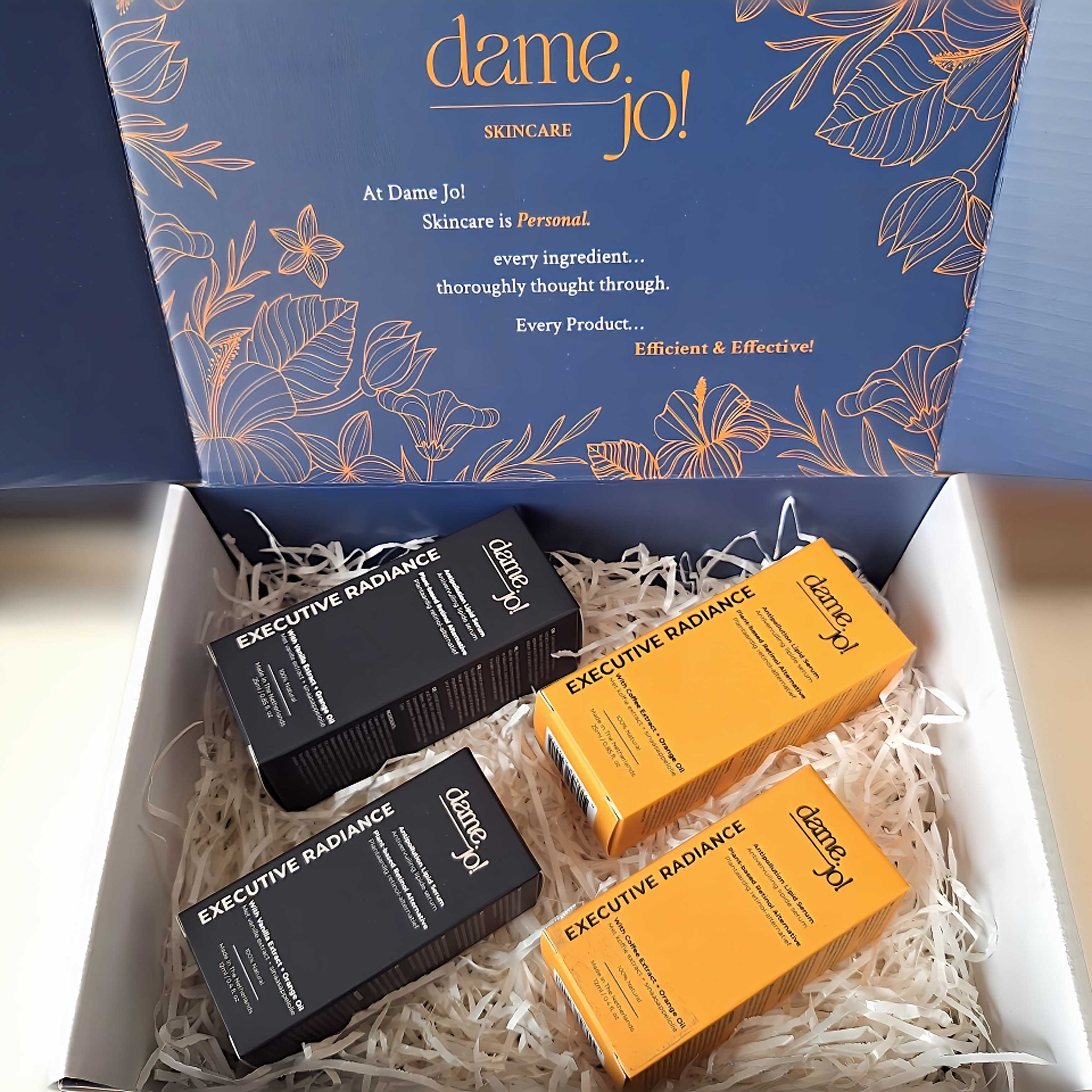 Square Dame Jo! product box with floral interior design and branded label.