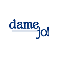 Blue 'dame, jo!' text on a white background.