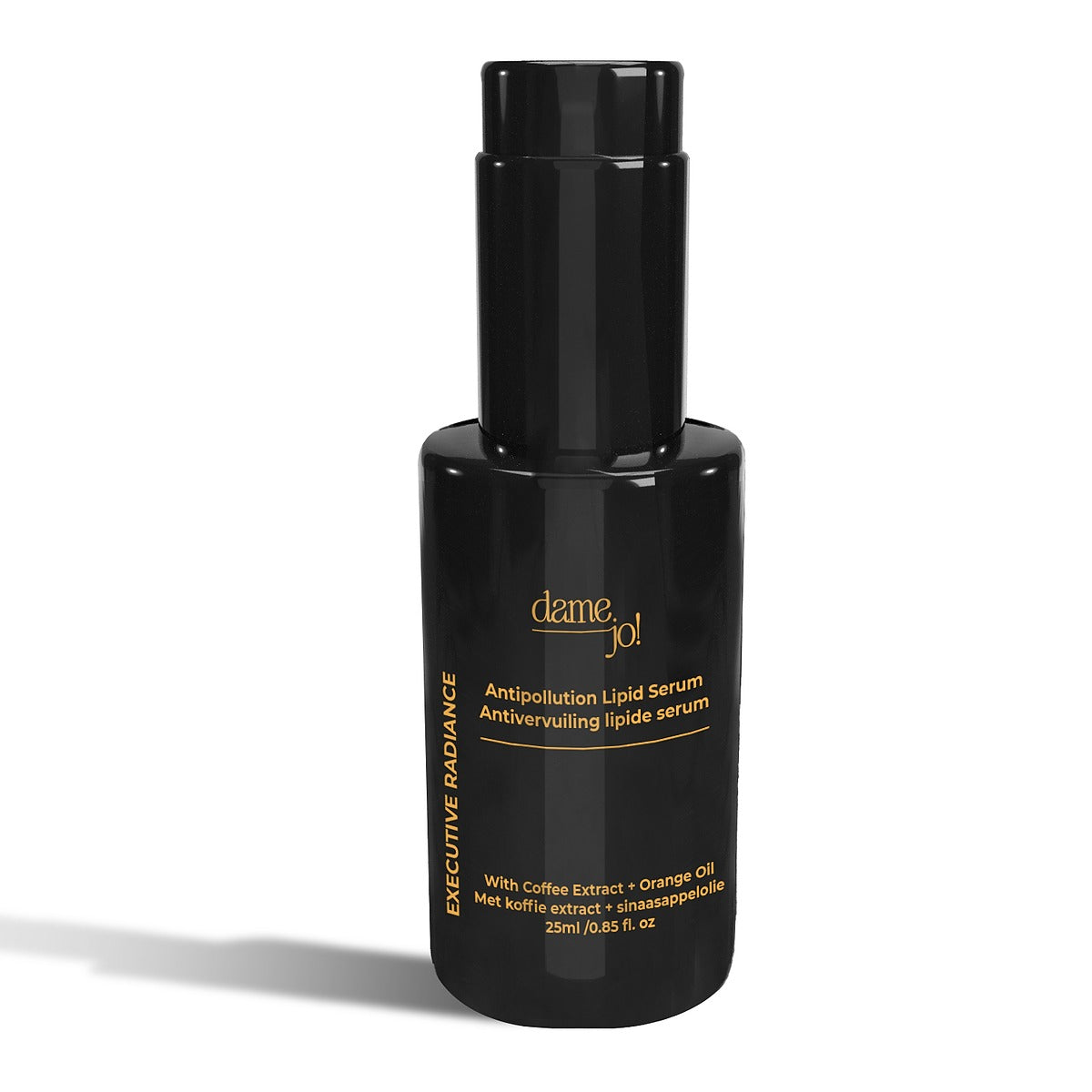 25ml Executive Radiance Serum – Coffee & Orange Oil blend in Dame Jo’s signature antipollution skincare bottle.
