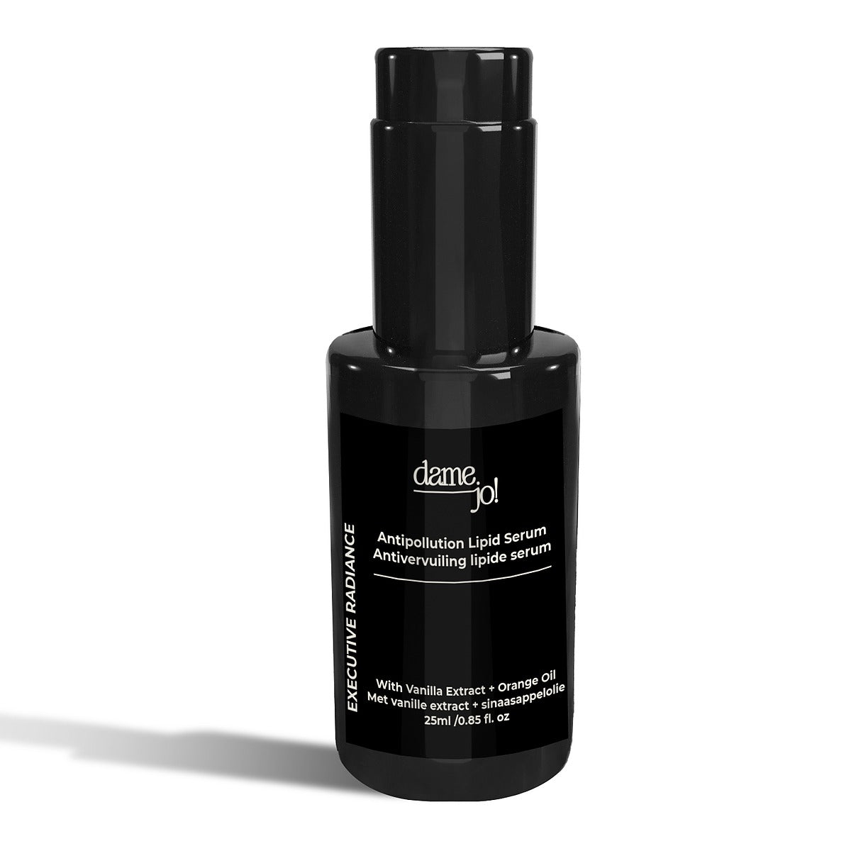 25ml Executive Radiance Serum – Vanilla Extract & Orange Oil blend in Dame Jo!’s signature antipollution skincare bottle.