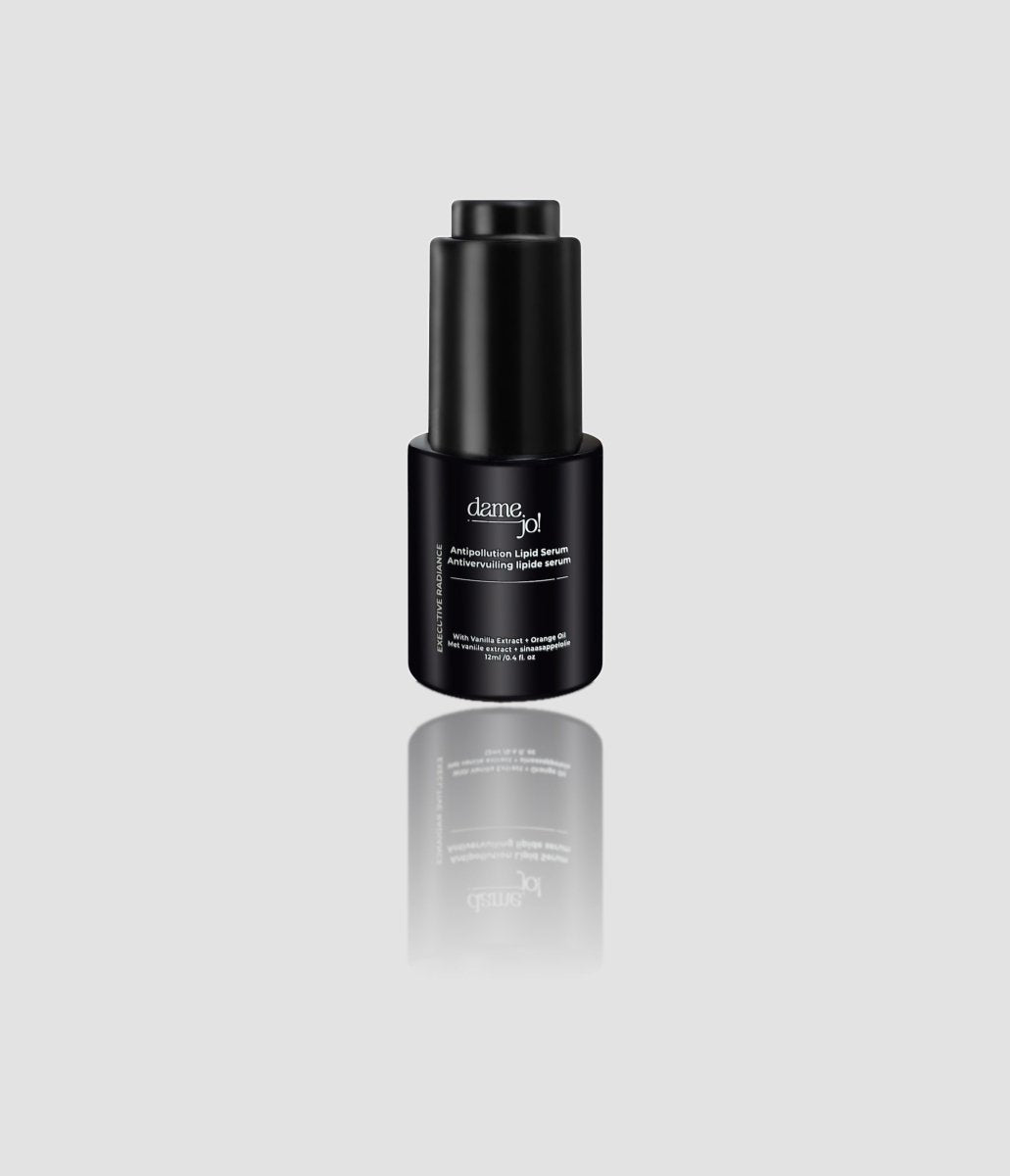 Dame Jo! Executive Radiance Vanilla Antipollution Lipid Serum, 12ml Travel Size, grey background.
