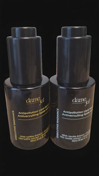 Dame Jo! serums with coffee & vanilla extracts—antioxidant-rich formulas that energize, brighten & protect urban skin.